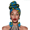 Vibrant blue and yellow fashion african headscarves with bold geometric designs in a floral earrings set