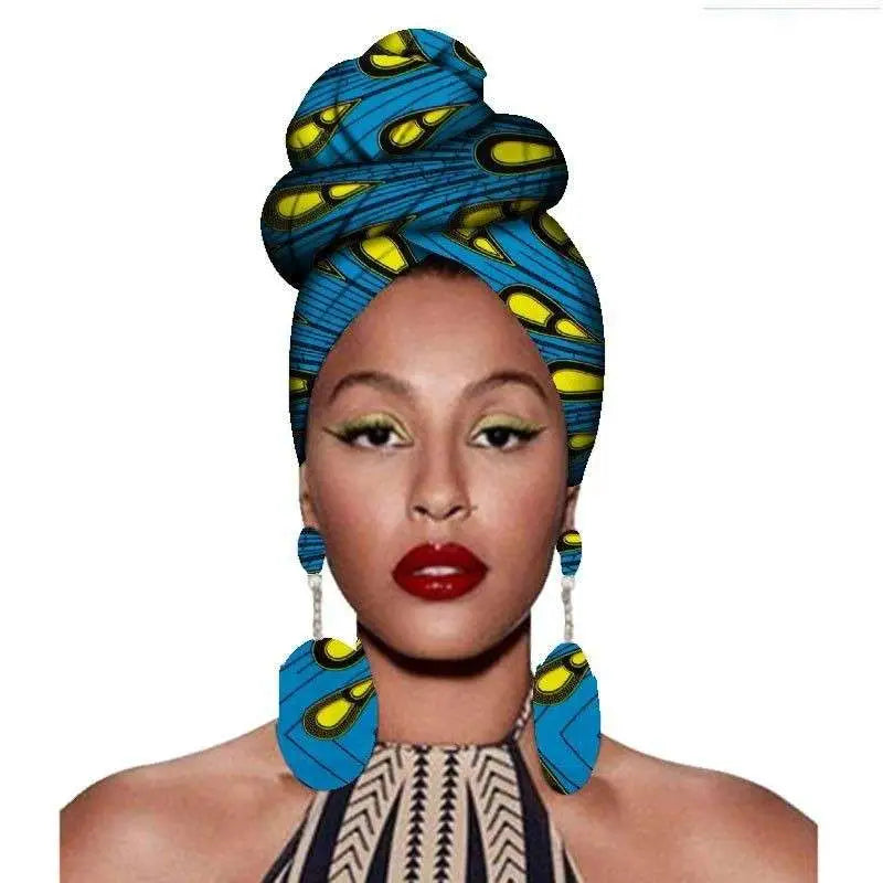 Vibrant blue and yellow fashion african headscarves with bold geometric designs in a floral earrings set
