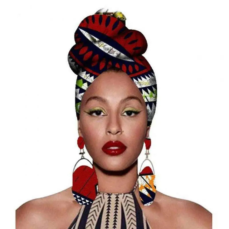 A vibrant red black and white patterned fashion african headscarves and earrings set with bold geometric designs