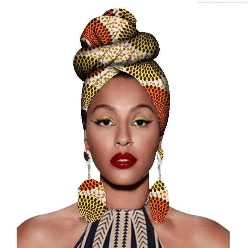 A vibrant orange yellow and black fashion african headscarves with bold geometric design earrings set clothing headwear headbands