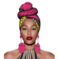Vibrant pink and yellow patterned fashion african headscarves with black accents worn in high bun with earrings set
