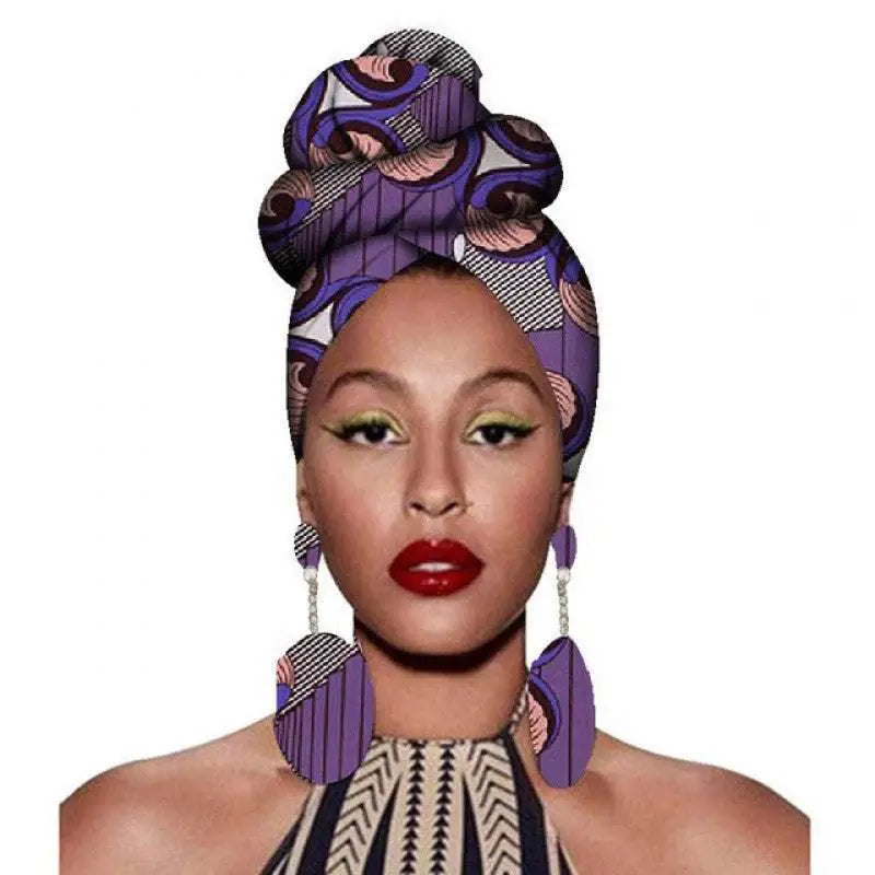 Purple and pink patterned fashion african headscarves with bold geometric designs in a floral earrings set