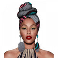 A vibrant fashion african headscarves set featuring a bold patterned headwrap in gray pink teal and black with matching earrings