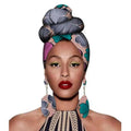 A vibrant fashion african headscarves set featuring a bold gray pink and teal floral patterned headwrap in a high bun