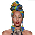 Vibrant blue yellow and green patterned fashion african headscarves with bold floral designs in earrings set