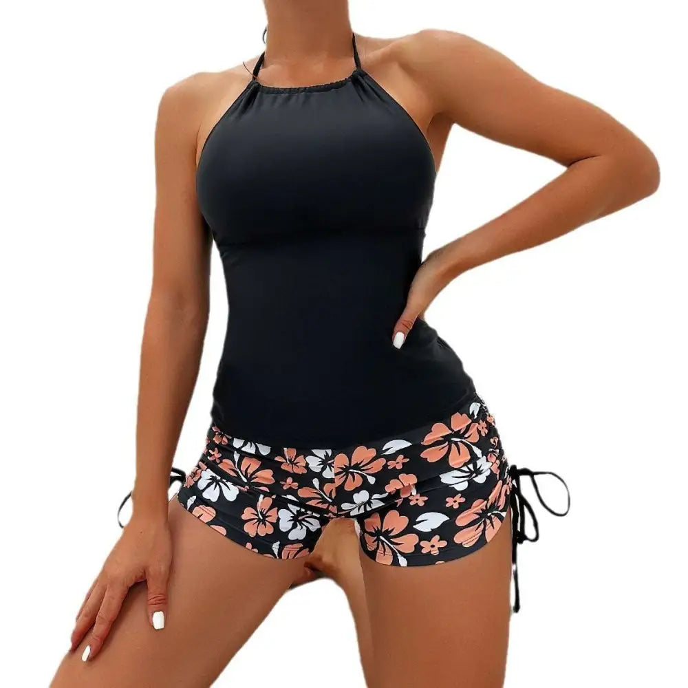 Black floral halterneck printed halter bikini with peach and white hibiscus shorts and side ties halter split swimsuit