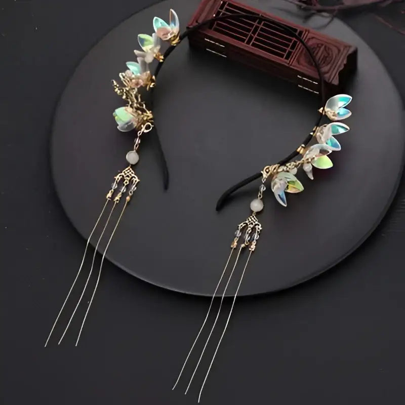 Elegant gold-toned floral hanfu tassels girls fashion headbands with delicate beads faux fur pom-poms and pastel hues