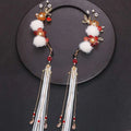 Elegant gold-toned floral hanfu tassels girls fashion headbands with red orange flowers white pom-poms and silver ribbons