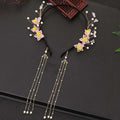 Elegant black floral hanfu tassels girls fashion headband with delicate pink and yellow floral pearl accents and silver chains