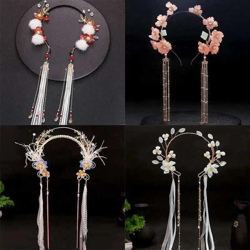 Elegant gold-toned floral hanfu tassels girls fashion headbands with delicate beads faux fur pom-poms and pastel hues
