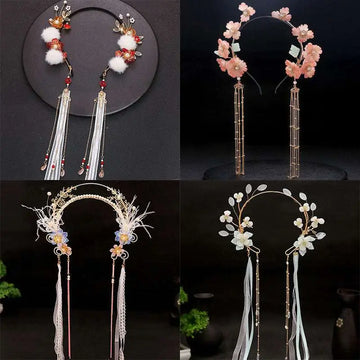 Elegant gold-toned floral hanfu tassels girls fashion headbands with delicate beads faux fur pom-poms and pastel hues