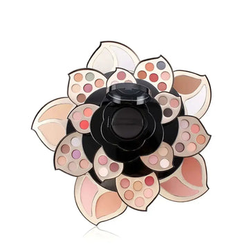 Black floral-shaped pure vie makeup palette with neutral warm eyeshadows arranged like petals ideal as holiday gift makeup