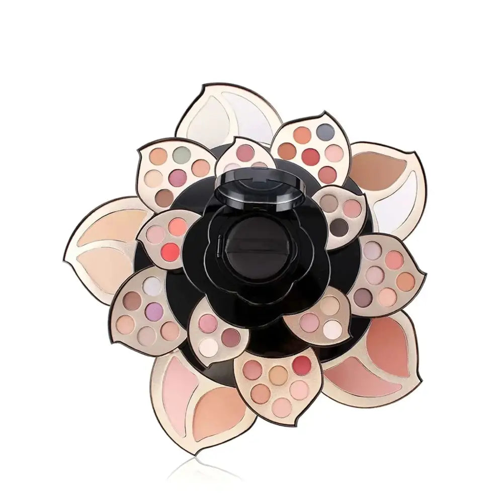 Black floral-shaped eyeshadow palette with neutral warm tones by pure vie perfect for holiday gift makeup