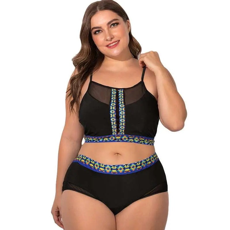 Black plus-size two-piece female swimsuit with sheer mesh panels and floral mesh embroidery in blue yellow and green