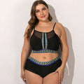 Black plus-size two-piece size female swimsuit with floral mesh sheer mesh panels and vibrant geometric embroidery
