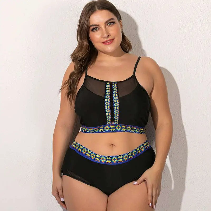 Black plus-size two-piece size female swimsuit with floral mesh sheer mesh panels and vibrant geometric embroidery