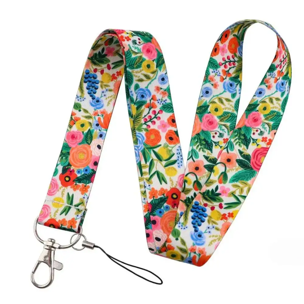 Floral molly mobile phone strap in colorful floral pattern with black cord and silver metal clasp for secure use