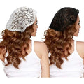 White and black bridal muslim veil featuring lace floral pattern with elegant white lace floral designs