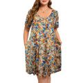 Floral plus size summer swing dress with short sleeves v-neckline featuring vibrant orange blue yellow blossoms on dark fabric