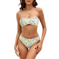 Floral print bandeau bikini set with light green base pink and green flowers white trim and low waisted bottoms