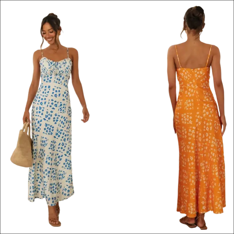 Flowing sleeveless white floral print maxi dress with thin spaghetti straps and a swing skirt design