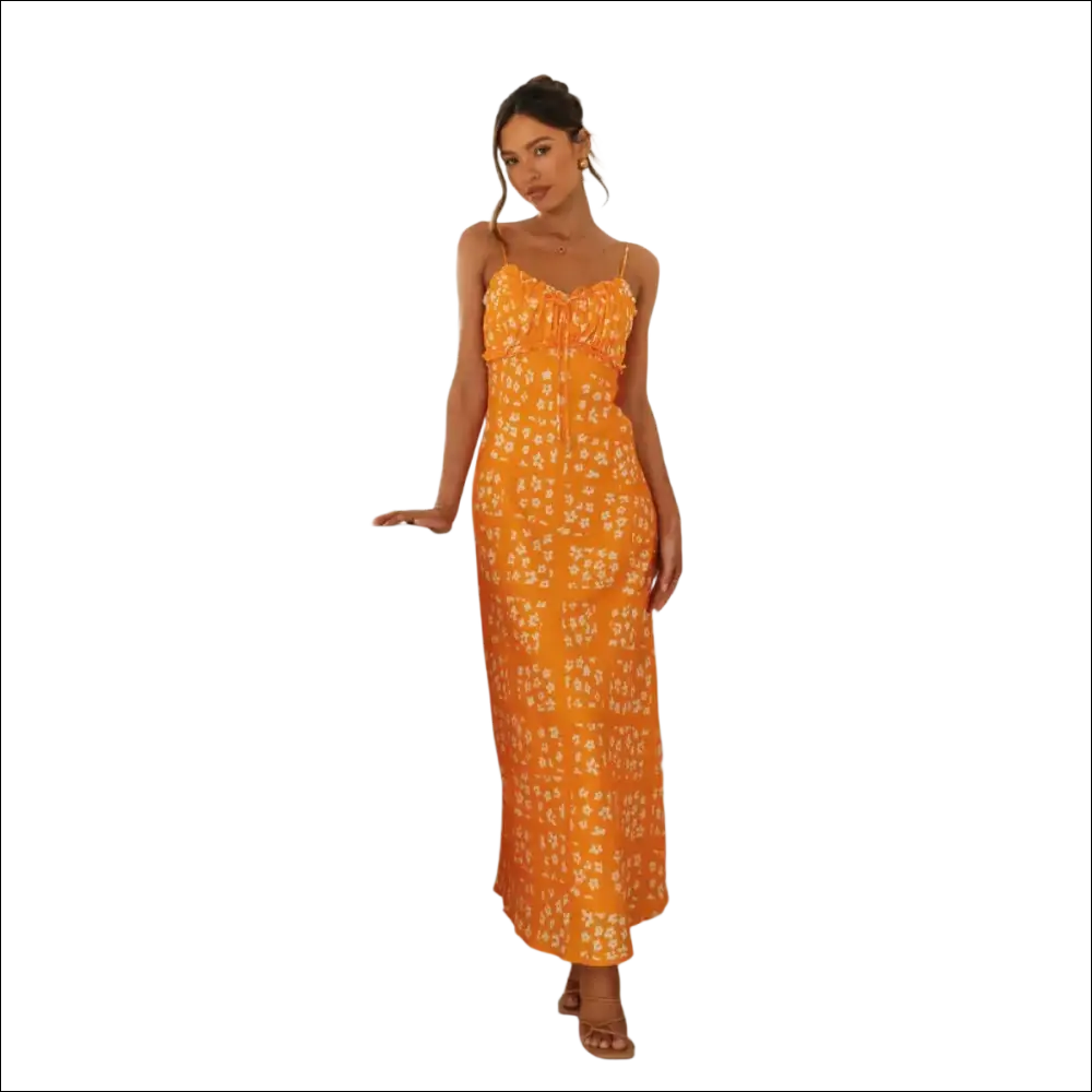 A vibrant orange floral print maxi dress with thin spaghetti straps and a ruched bodice featuring a swing skirt