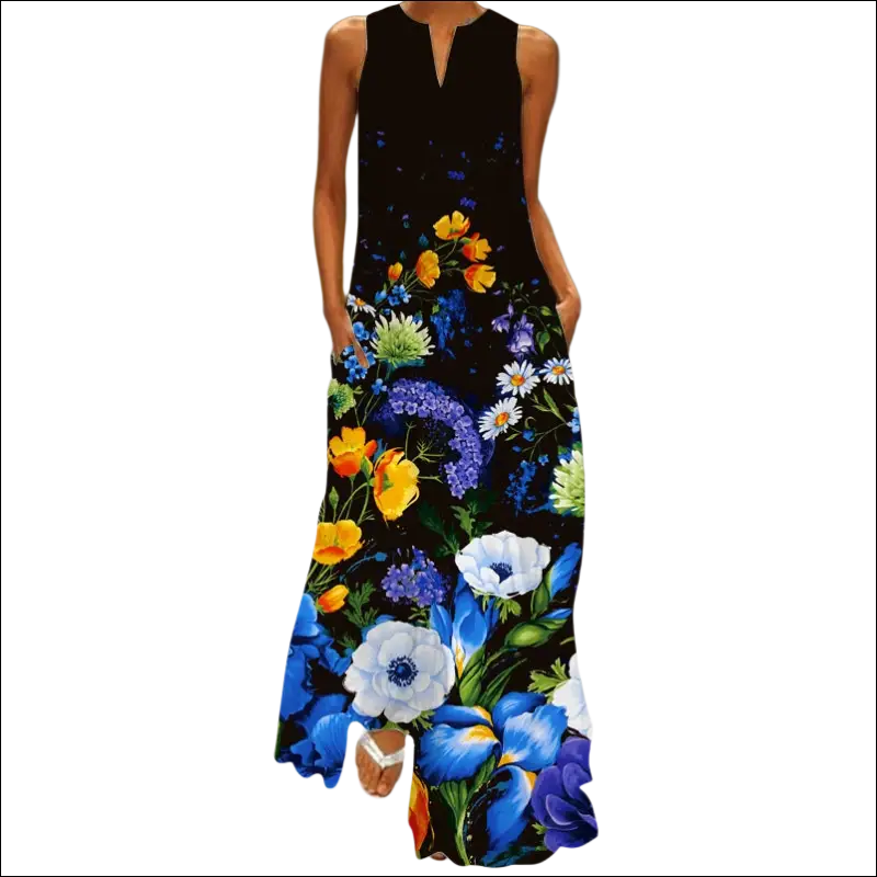 Black sleeveless long maxi dress image with vibrant blue yellow and white floral print and v-neck design