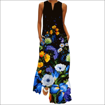Black sleeveless long maxi dress image with vibrant blue yellow and white floral print and v-neck design