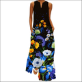 Dress image of a black sleeveless long maxi dress with vibrant blue yellow and white floral printed v-neck sleeveless design