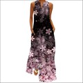 Floral printed v-neck sleeveless maxi dress image featuring a sleeveless long black dress with pink and purple cherry blossoms