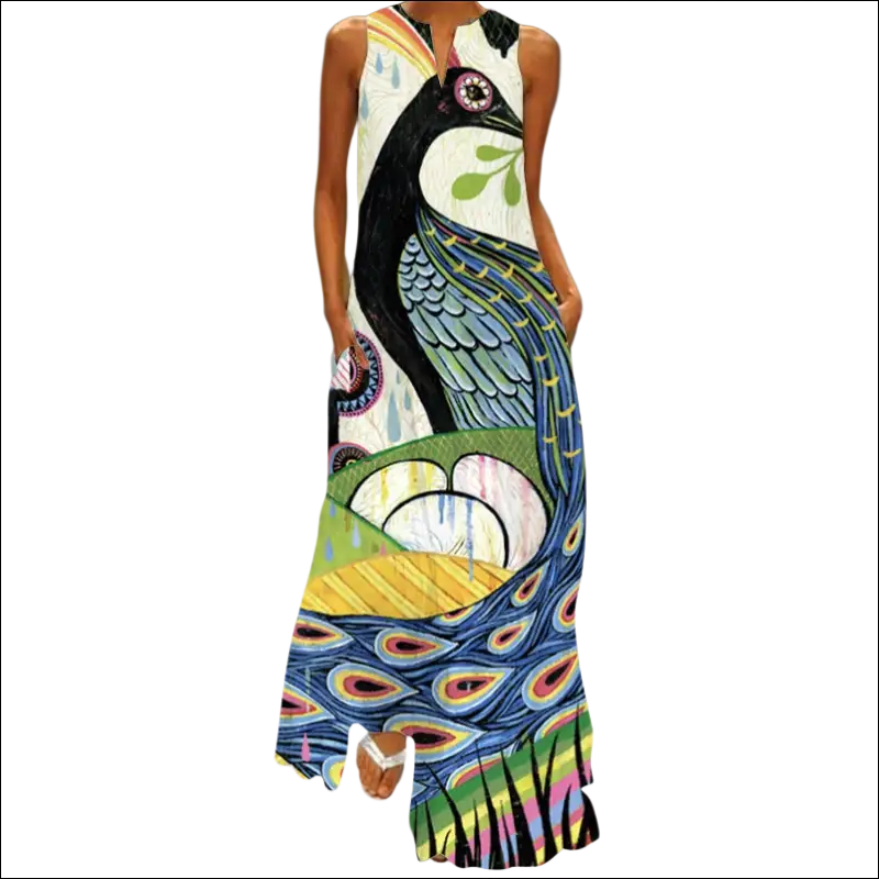 Floral printed v-neck sleeveless maxi dress image featuring a vibrant peacock design in blue green and gold on white