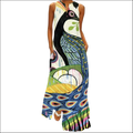 Floral printed v-neck sleeveless maxi dress with a vibrant peacock design in blue green and gold on white background dress image