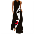 Black sleeveless long maxi dress with bold white and red abstract face printed v-neck sleeveless design