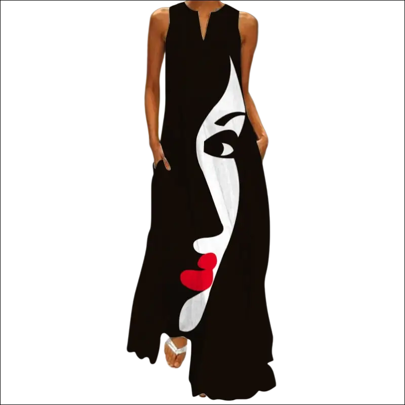 Floral printed v-neck sleeveless maxi dress featuring a black sleeveless long design with bold white and red abstract face print