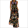 Floral printed v-neck sleeveless black maxi dress image with colorful butterfly, paisley motifs and white rabbits design