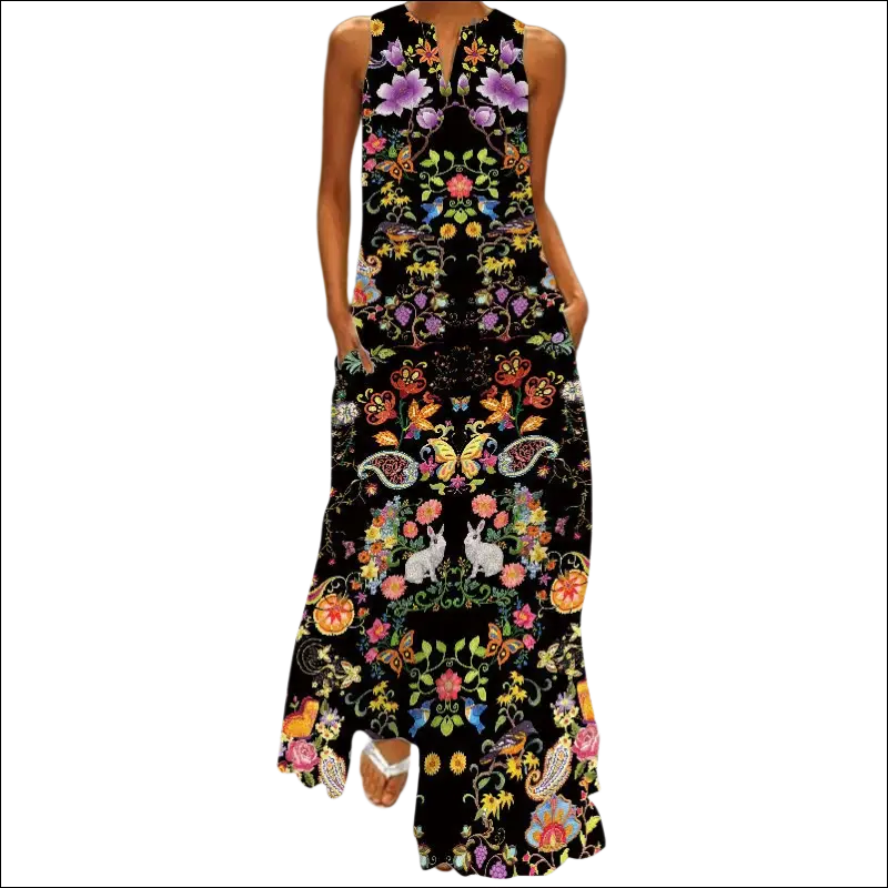Dress image of a sleeveless long black maxi dress with colorful floral butterfly paisley motifs and white rabbits in v-neck style