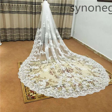 A long flowing white lace cathedral length bridal veil with intricate floral embroidery and scalloped edge