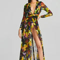 A vibrant floral v-neck split comfort casual dress with long sleeves and a high slit for elegant wear