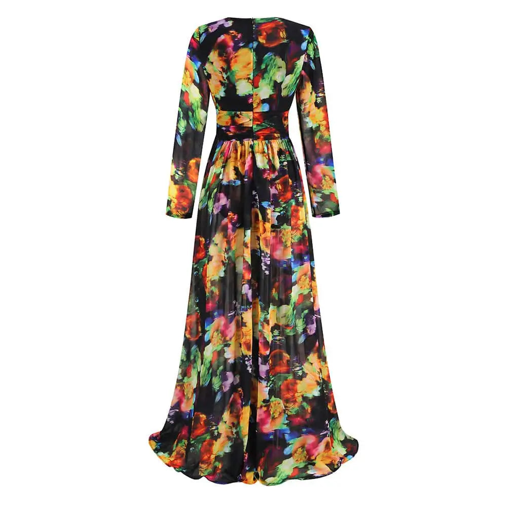 A flowing long-sleeved floral v-neck split comfort casual dress with bold colors on a dark background