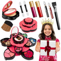 Flower palette gift makeup kit with pink and black flower-shaped compact palettes lip glosses brushes and crown accessory