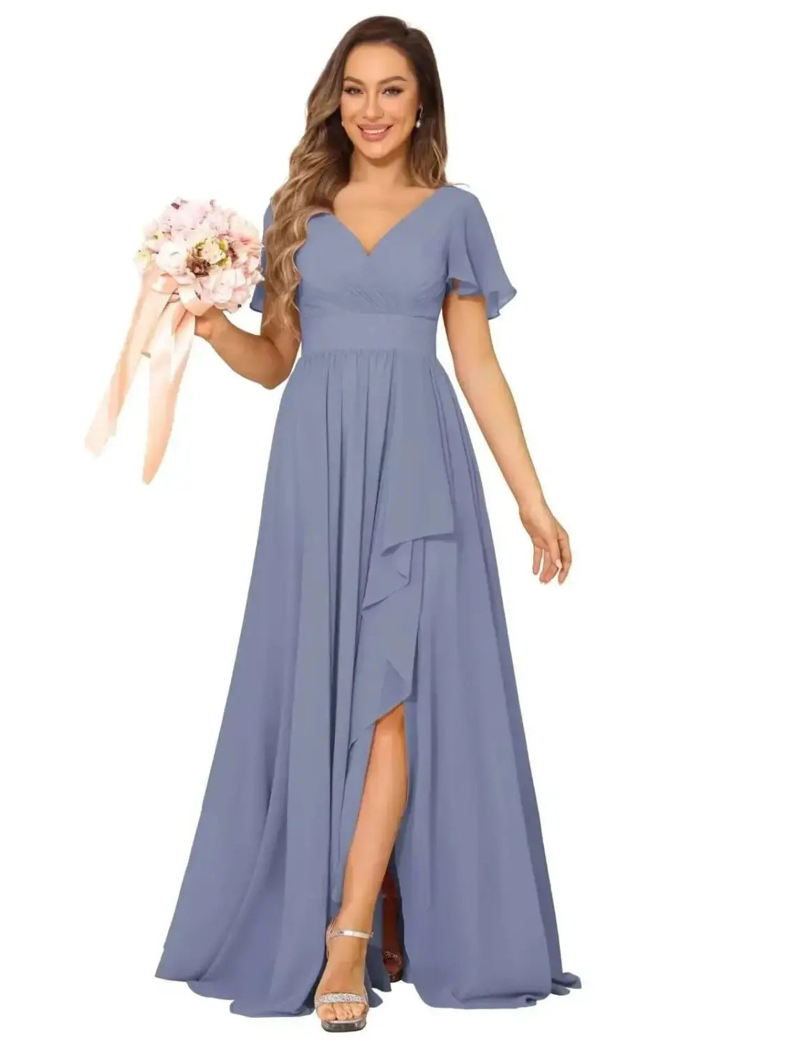 A flowing lavender chiffon plus size bridesmaid dress for curvy women with a v-neckline, short flutter sleeves, and an asymmetrical high slit.