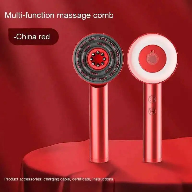 China red comb scalp massager with sleek metallic finish and infrared hair care circular head for targeted therapy