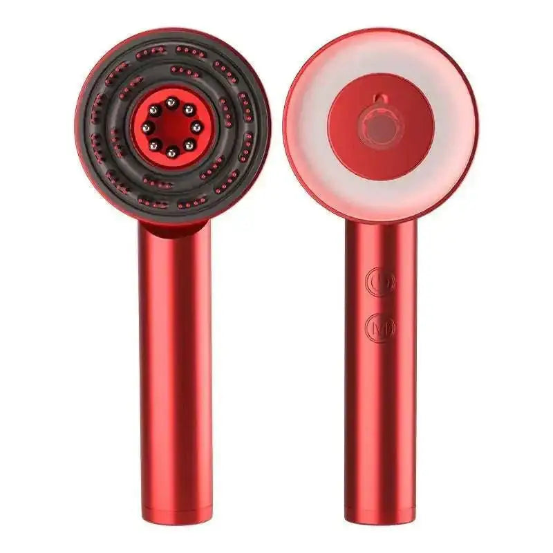 Red handheld comb scalp massager infrared with black nozzle and light ring for infrared hair care and scalp massage
