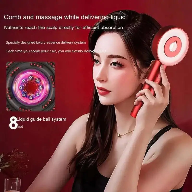Red handheld fluffy comb scalp massager infrared device with circular illuminated head and liquid guide ball system for scalp care