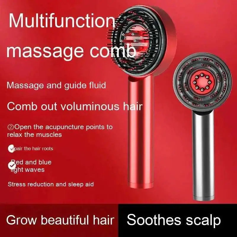 Red and silver comb scalp massager with integrated led lights for infrared hair care and scalp massager infrared therapy