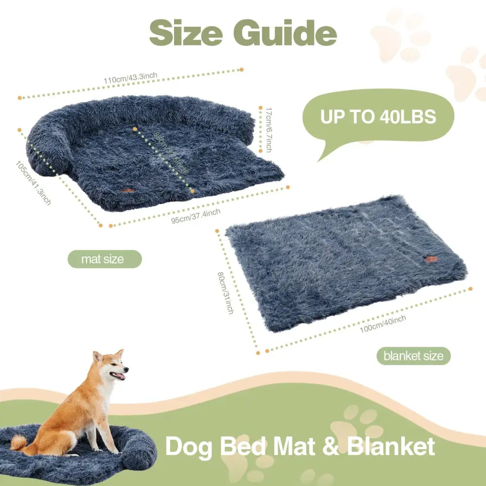 Soft plush navy blue dog couch bed mat and blanket set with a cozy shaggy texture for fluffy plush dog comfort