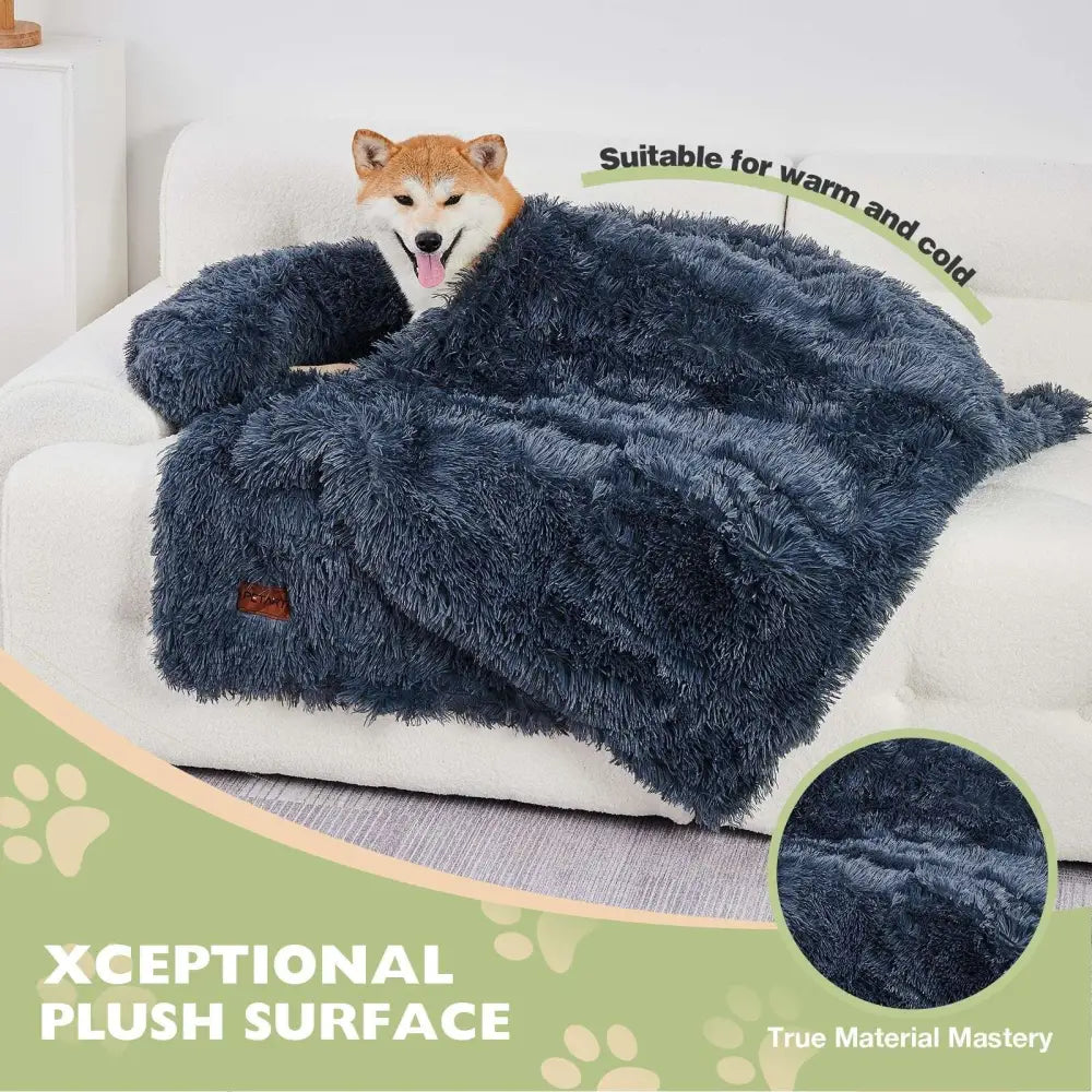 A cozy deep navy blue fluffy plush dog couch bed mat with soft long dense fibers for comfort and durability
