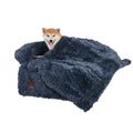 A cozy navy blue fluffy plush dog couch bed mat with soft texture and snug cushioned design for comfort