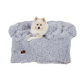 A light gray fluffy plush dog couch bed mat with a cozy cushioned design and soft shaggy faux fur texture