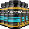 Black plastic bottles with gold and teal labels of fluxactive complete prostate supplement for male wellness with 60 capsules each